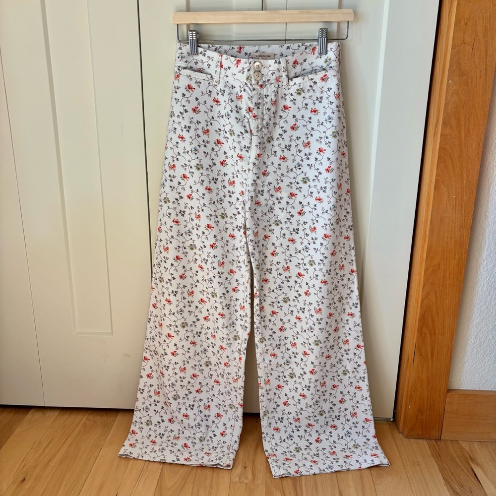 Rebecca Taylor Size 27 White Floral Wide Leg Pants